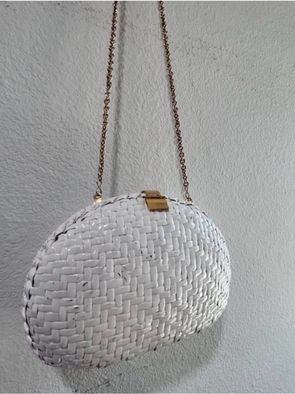 White Woven Oval Clutch with Gold Chain Strap